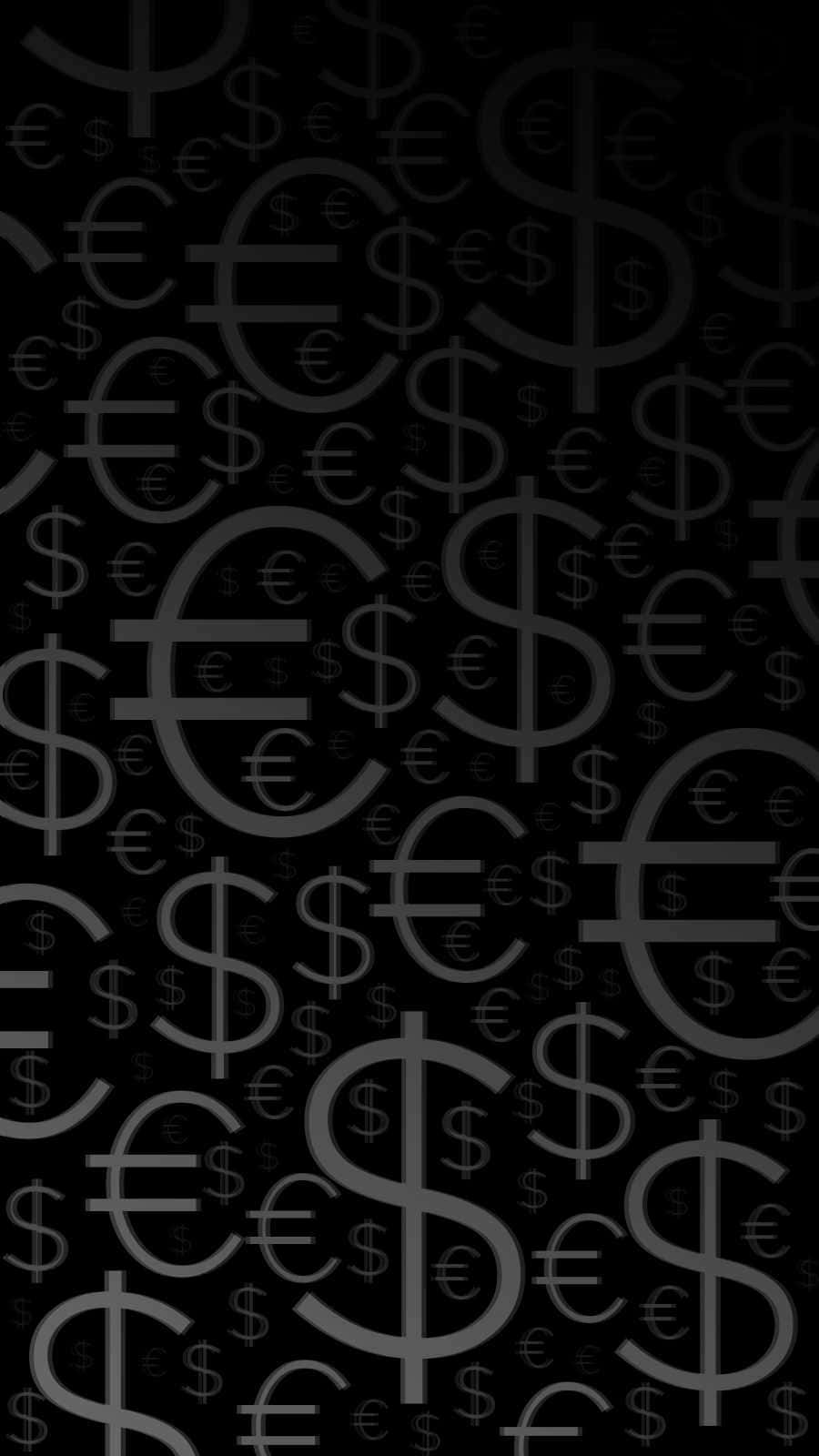 Forex 桌布 壁紙 — 一個深色牆紙，充滿了重複的美元和歐元貨幣符號，大小和透明度各異。