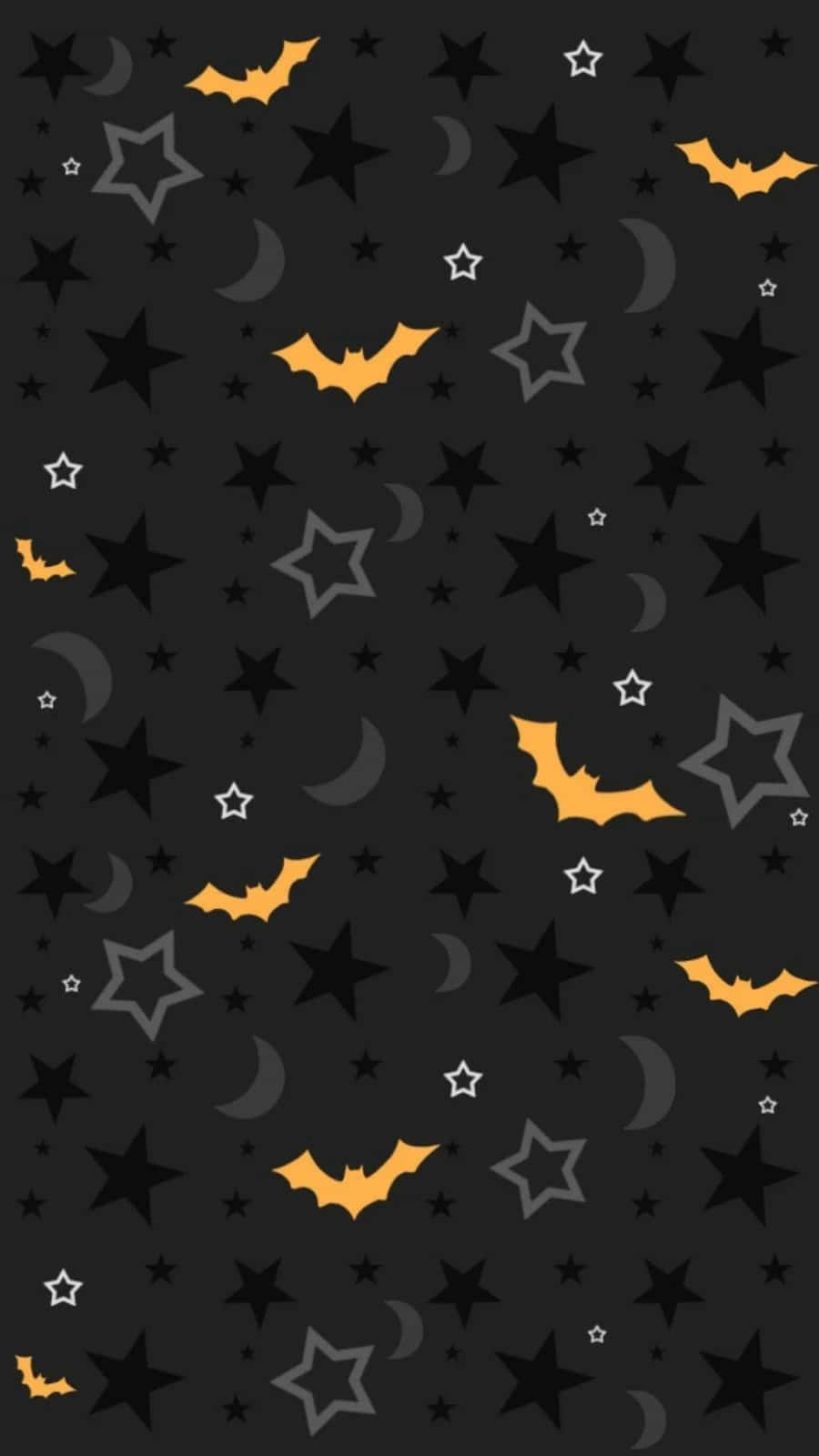 Halloween Phone 桌布 壁紙 — 一個深色牆紙圖案，帶有發光的橙色蝙蝠、白色星星和灰色新月，散落在黑色背景上。