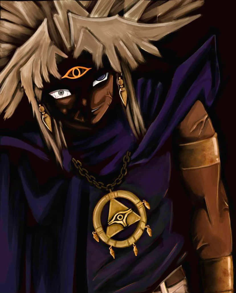 Marik Ishtar 桌布 壁紙 — 一個深色皮膚的動漫角色，擁有尖刺金髮和發光的眼睛，穿著紫色長袍和金色的法老之眼吊墜。
