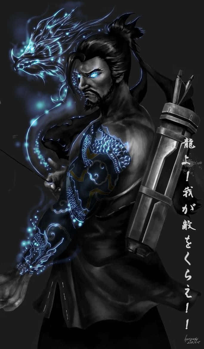Overwatch Hanzo 桌布 壁紙 — 一個深色皮膚的戰士，身上有發光的藍色龍紋身和一個箭袋，站在黑色背景前，身後有一條幽靈般的藍色龍盤繞著。
