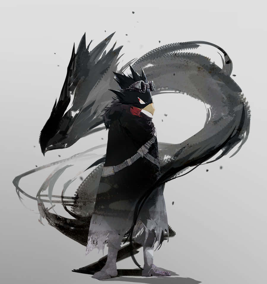 Fumikage Tokoyami 桌布 壁紙 — 一個深色羽毛的鳥類戰士，戴著護目鏡和紅色圍巾，對著旋轉的灰色能量漩渦擺出姿勢。
