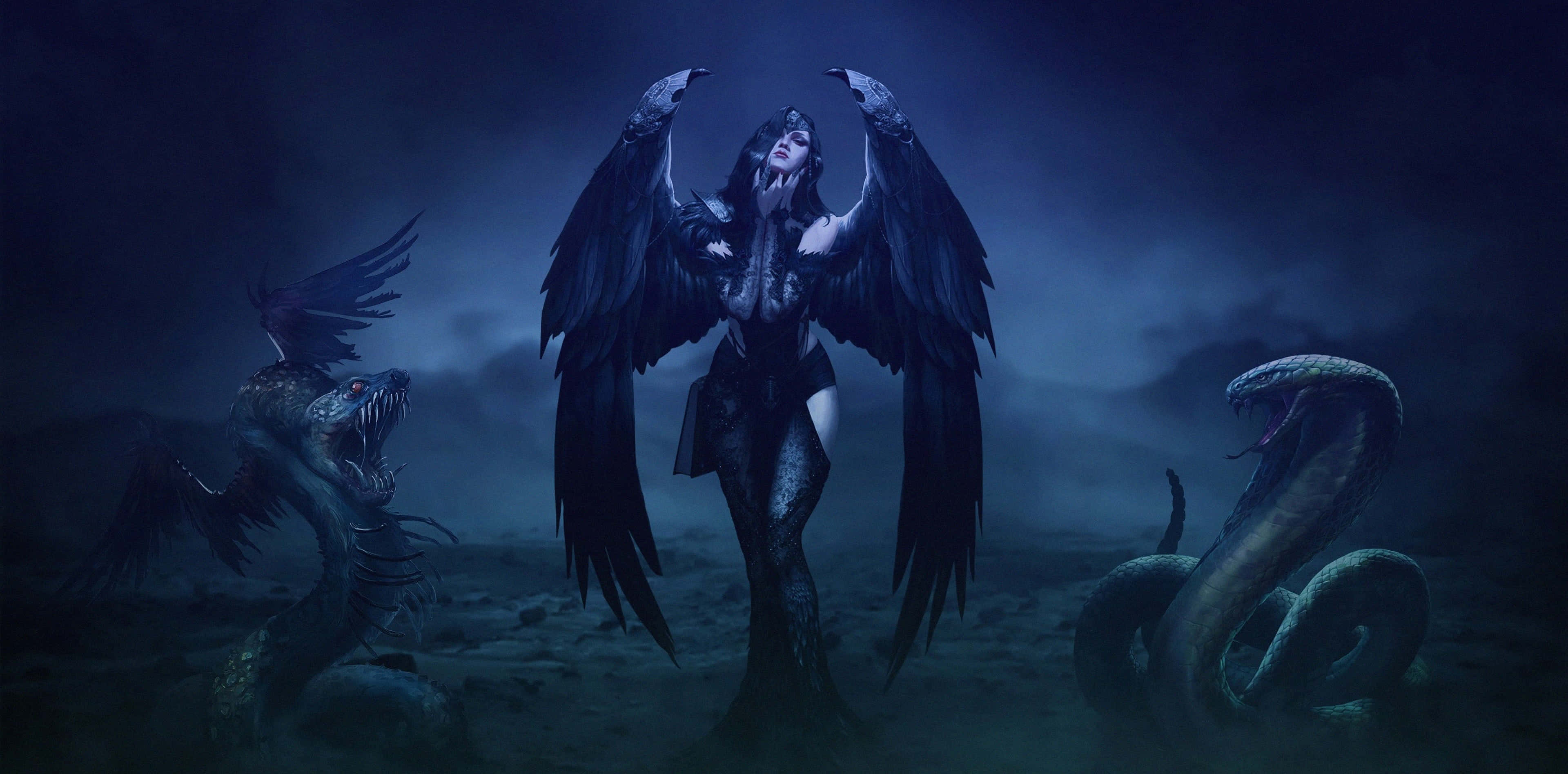 Gothic Costumes 桌布 壁紙 — 一個深色翅膀的女性身影站在兩條蛇形怪物之間，背景是暴風雨的夜空。