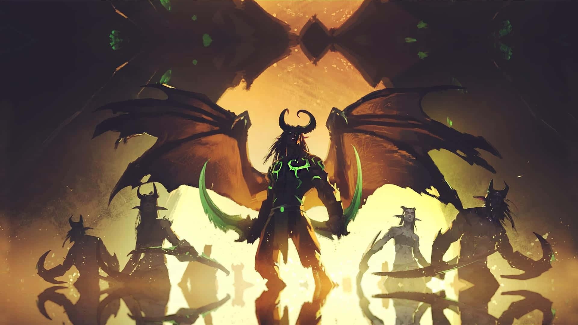 Demon Hunting 桌布 壁紙 — 一個深色翅膀的惡魔形象，帶有發光的綠色點綴，背對著耀眼的橙色光芒站立，兩側有陰影般的爪牙，姿態威嚇。