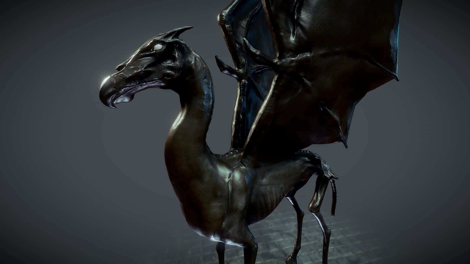 Thestral 桌布 壁紙 — 一個深色金屬獅鷲雕像，眼睛發光，翅膀展開，站在灰色工作室背景前。