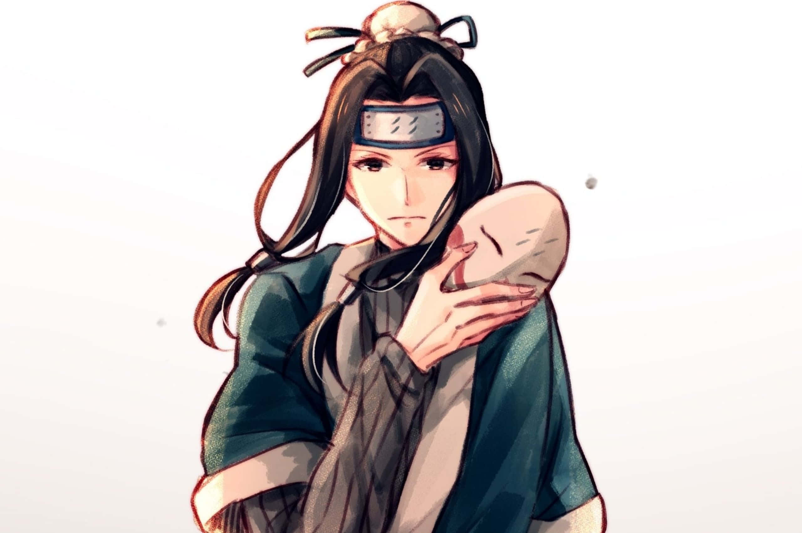 Naruto Haku 桌布 壁紙 — 一個深色頭髮、戴頭帶的動漫角色，在柔和光線的場景中輕輕抱著一個小光頭人物。