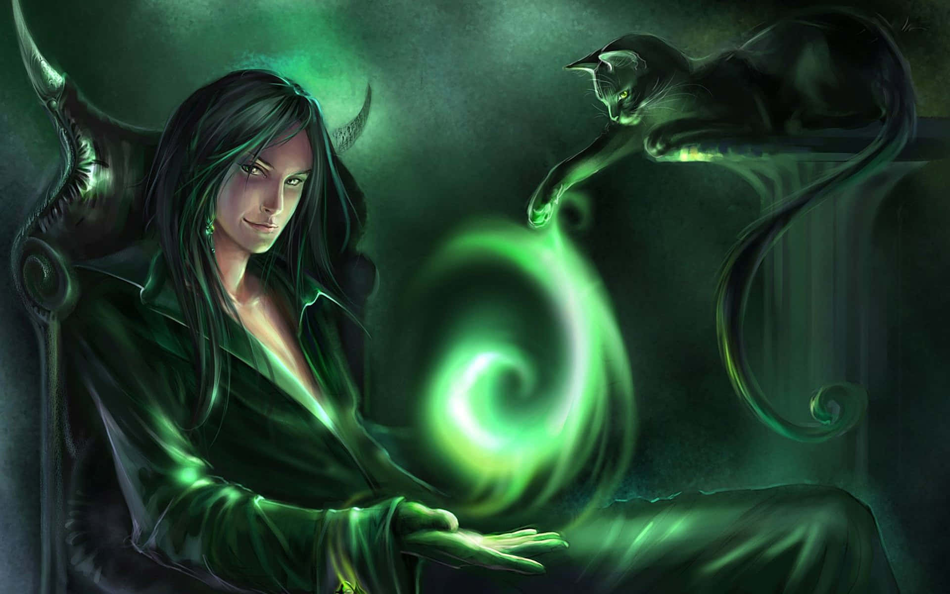 wizard 桌布 壁紙 — 一個深色頭髮、有角的惡魔坐在王座上，發光的綠色魔法在他們手掌中旋轉，一隻黑貓從上方觀看。