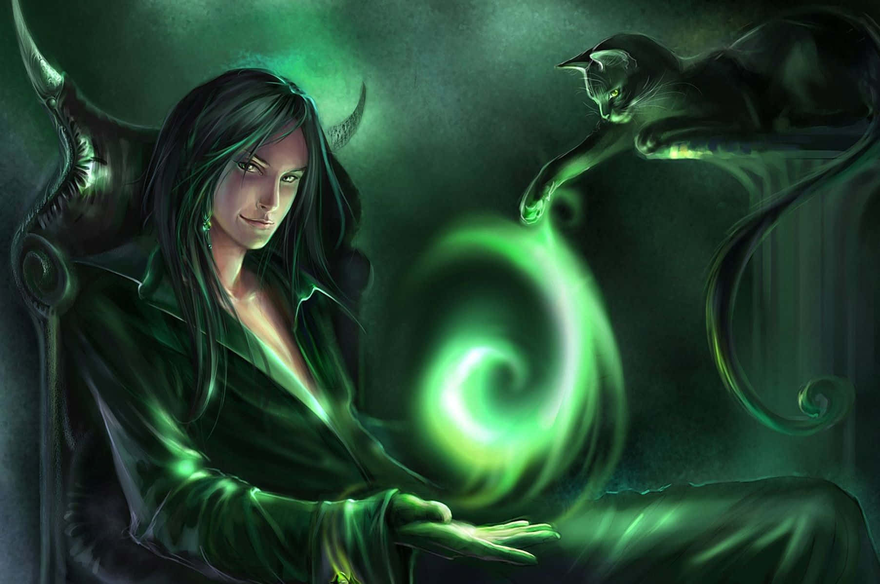 Magic Spell 桌布 壁紙 — 一個深色頭髮、有角的惡魔坐在王座上，綠色魔法在她掌心旋轉，一隻黑貓漂浮在她旁邊。