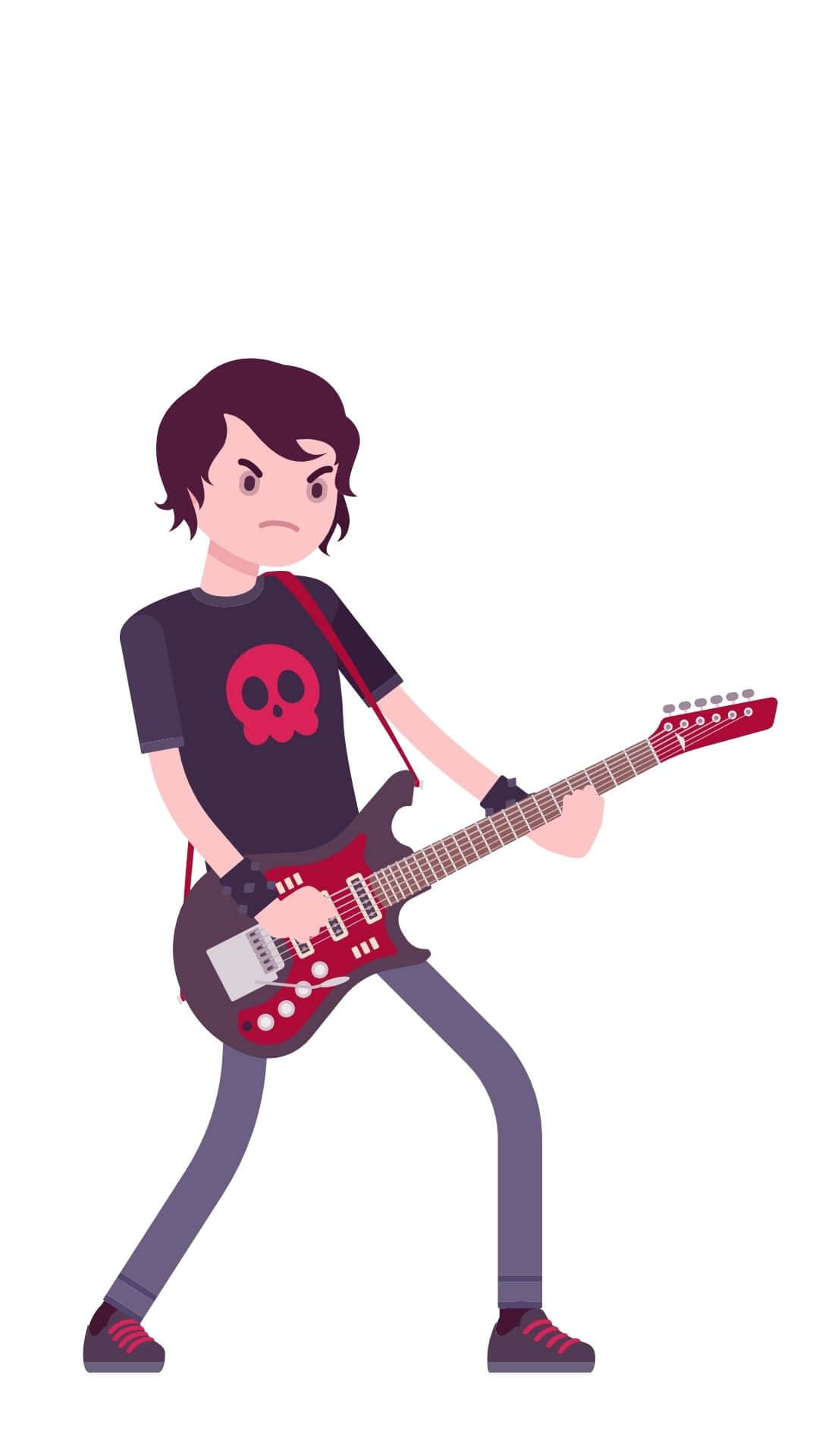 Cute Emo 桌布 壁紙 — 一個深色頭髮、穿著骷髏T恤的卡通搖滾樂手，帶著強烈的表情彈奏紅色電結他。