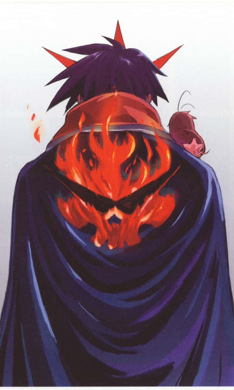 Gurren Lagann Simon 桌布 壁紙 — 一個深色頭髮的動漫角色，戴著火焰骷髏面具，肩上有一隻小豬，披著紫色斗篷。