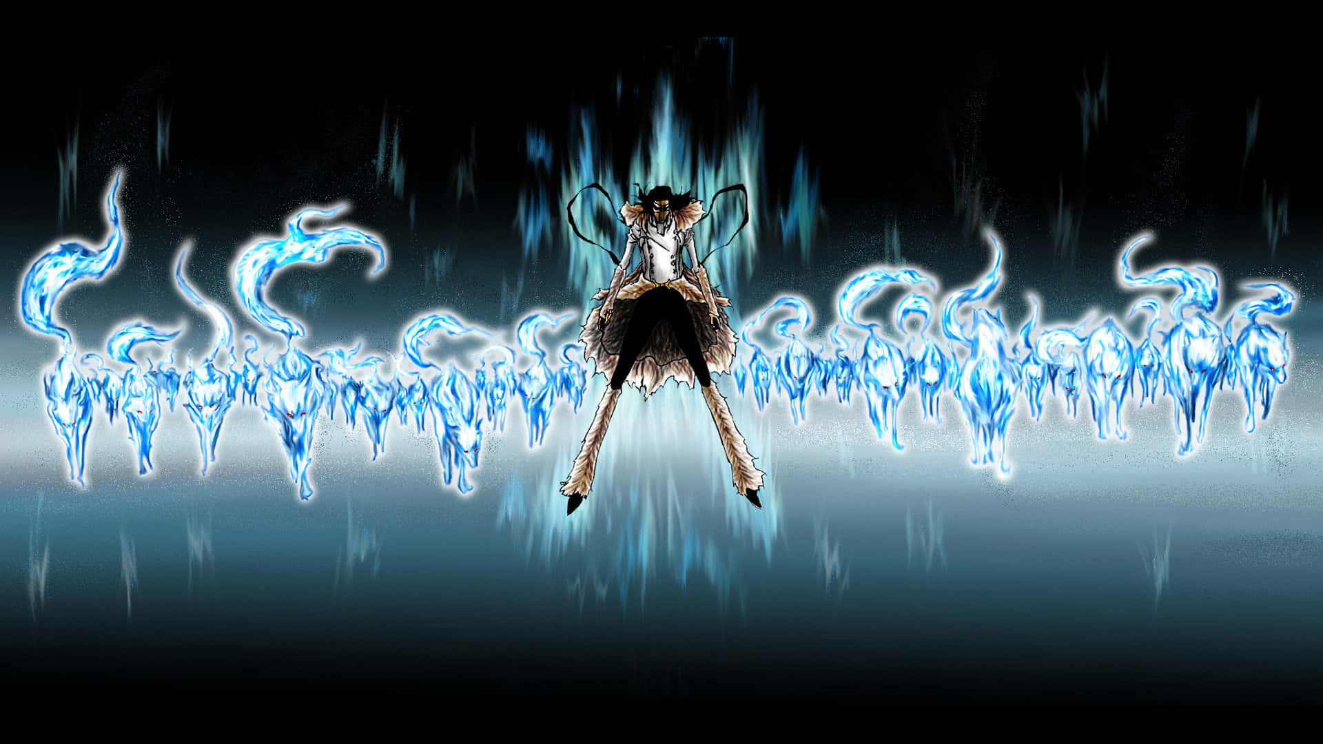 Coyote Starrk 桌布 壁紙 — 一個深色頭髮的動漫角色，擁有蝙蝠般的翅膀，漂浮在黑色虛空中發光的藍色冰焰之上。