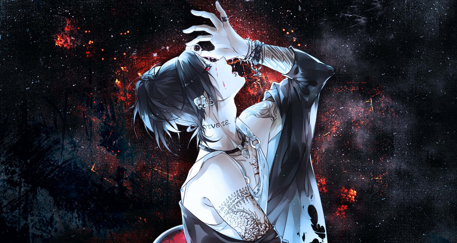 Tokyo Ghoul Uta 桌布 壁紙 — 一個深色頭髮的動漫角色，身上有紋身和血跡，在宇宙紅黑背景前舉起一隻手。