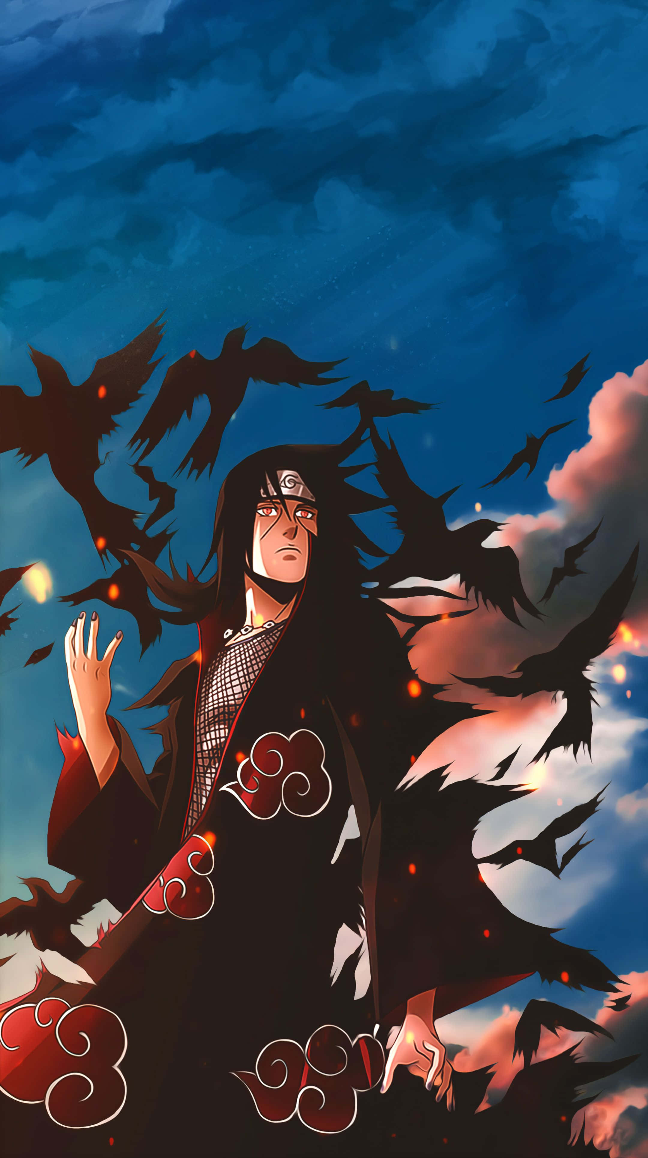 Genjutsu 桌布 壁紙 — 一個深色頭髮的動漫角色，身穿帶有紅色雲紋的黑色斗篷，站在旋轉的黑鳥群中，背景是風暴般的藍色和粉紅色天空。