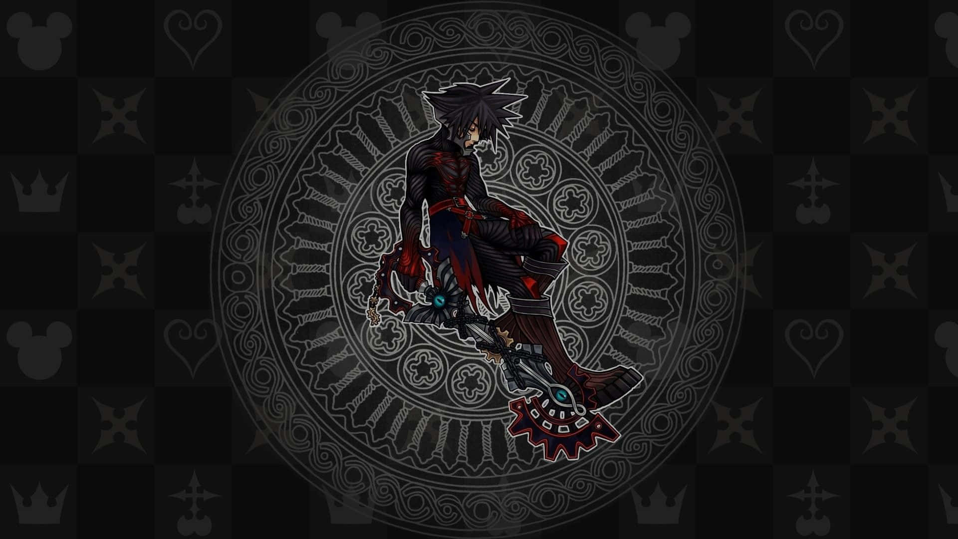 Kingdom Hearts Organization 13 桌布 壁紙 — 一個深色頭髮的動漫角色，身穿紅黑盔甲，坐在一個裝飾性圓形徽章內的齒輪上，背景是格仔圖案。