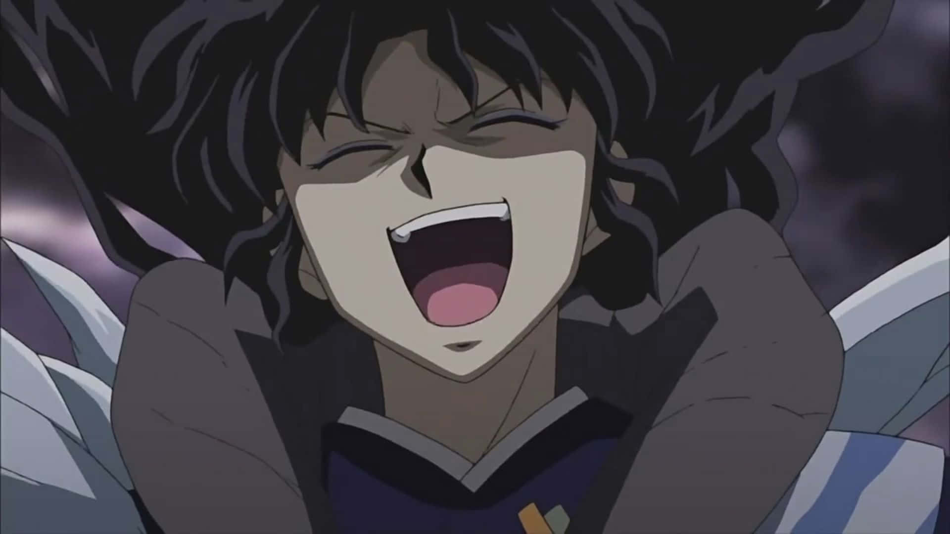 Naraku 桌布 壁紙 — 一個深色頭髮的動漫角色在暴風雨般的紫色背景下緊閉雙眼尖叫。