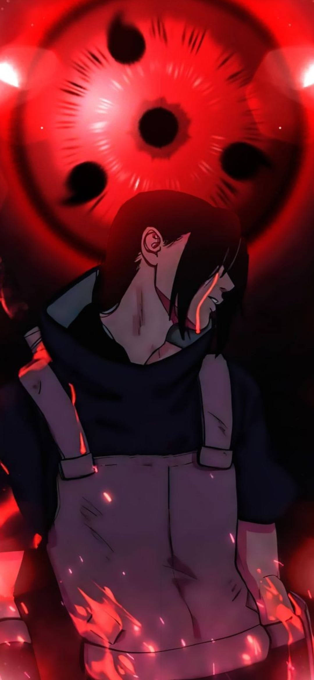 Anime PFP 桌布 壁紙 — 一個深色頭髮的動漫角色穿著連帽服裝，站在一個帶有黑色巴紋的巨大發光紅眼前面。