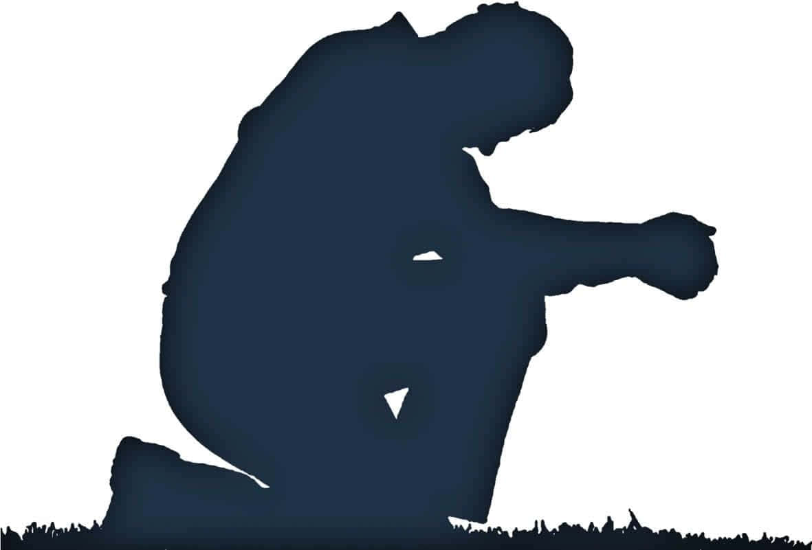 祈禱 桌布 壁紙 — 一個深藍色剪影，一個人跪在草地上，低頭沉思，背景是純白色。