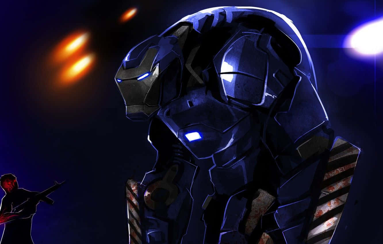 Iron Man Suit 桌布 壁紙 — 一個深藍色裝甲機械人，擁有發光的藍色眼睛和胸部燈光，站在夜晚場景中，背後有橙色爆炸閃耀。