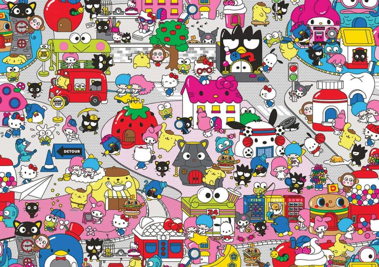 Hello Kitty And Friends 桌布 壁紙 — 一個混亂、色彩繽紛的卡通小鎮，充滿Hello Kitty和Sanrio角色，在繁忙、奇特的街景中。