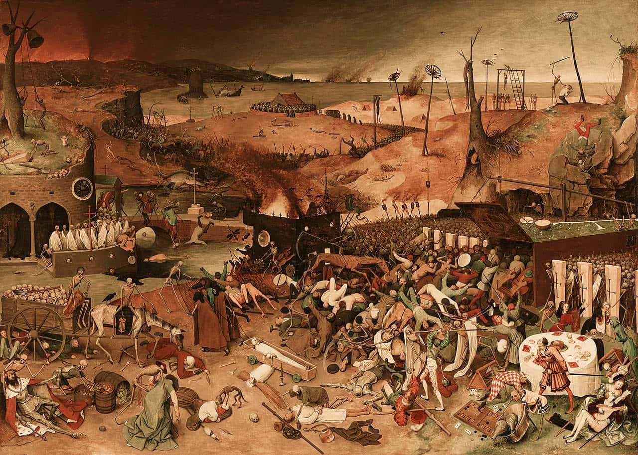 Renaissance 桌布 壁紙 — 一個混亂的中世紀戰鬥場景，士兵們在燃燒的船隻和被折磨的人物之間戰鬥，天空如火。