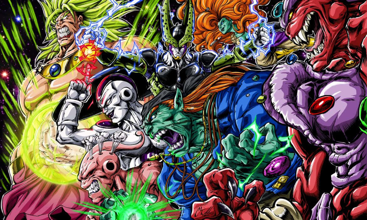Cartoon Villains 桌布 壁紙 — 一個混亂的動漫戰鬥場景，有多個肌肉發達的戰士，帶有發光的能量攻擊和鮮豔的霓虹色彩。