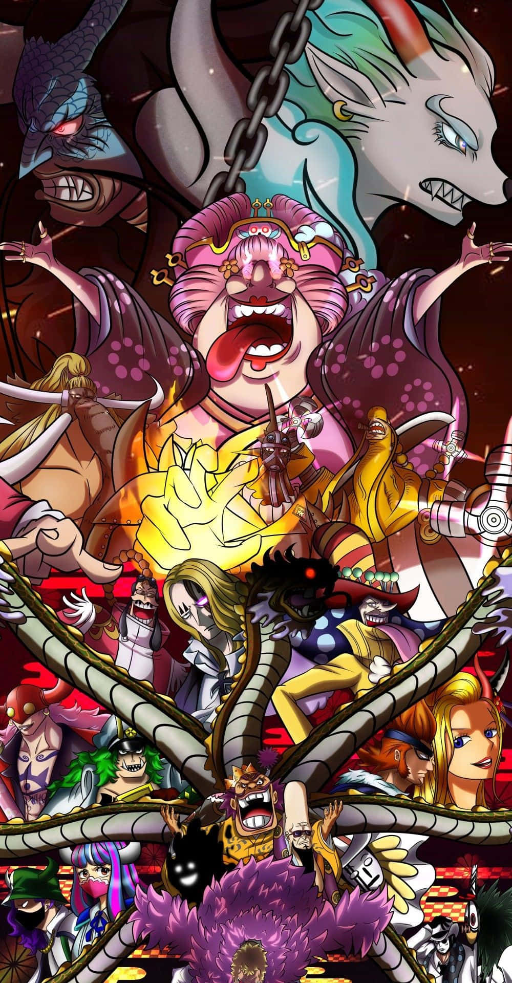 Yonko 桌布 壁紙 — 一個混亂的動漫拼貼畫，描繪了兇猛的海盜角色，表情誇張，色彩鮮豔，背景是黑暗的宇宙。