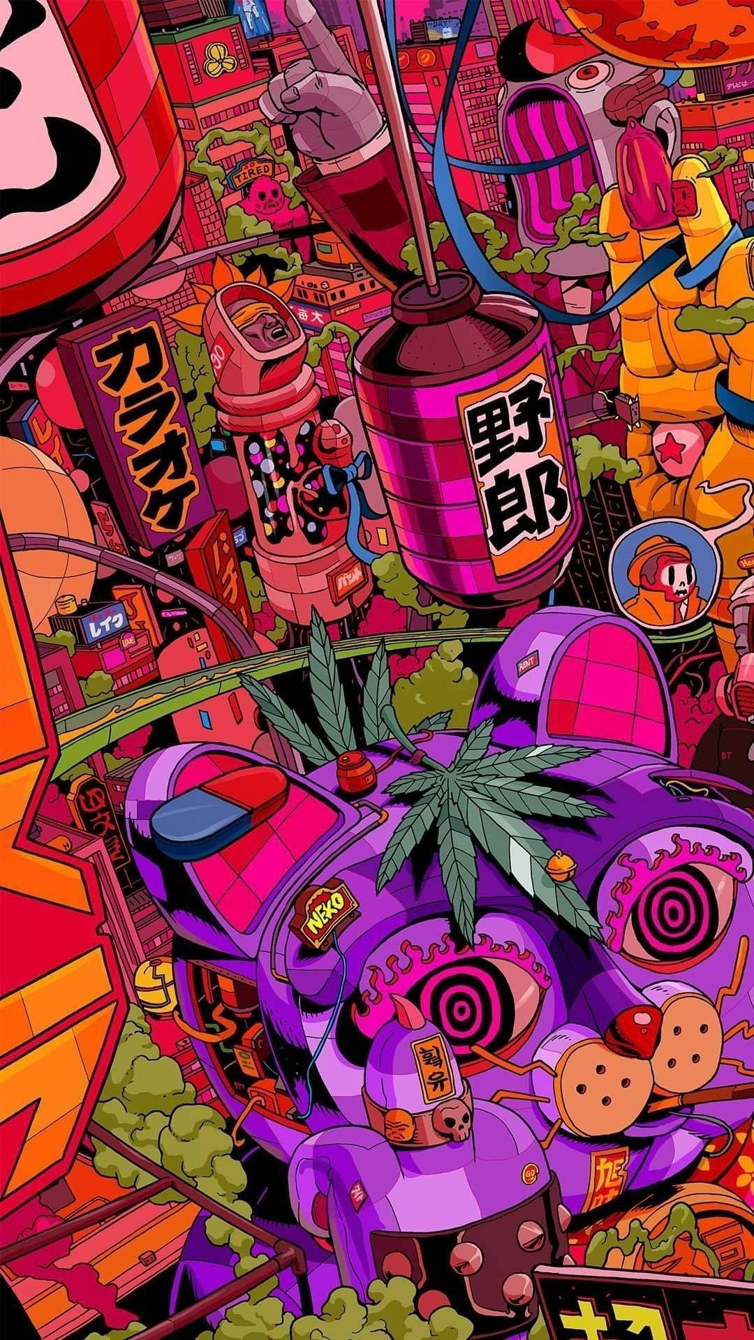 迷幻 桌布 壁紙 — 一個混亂的動畫風格城市景觀，充滿霓虹燈招牌和裝飾著大麻葉的超現實紫色車輛。