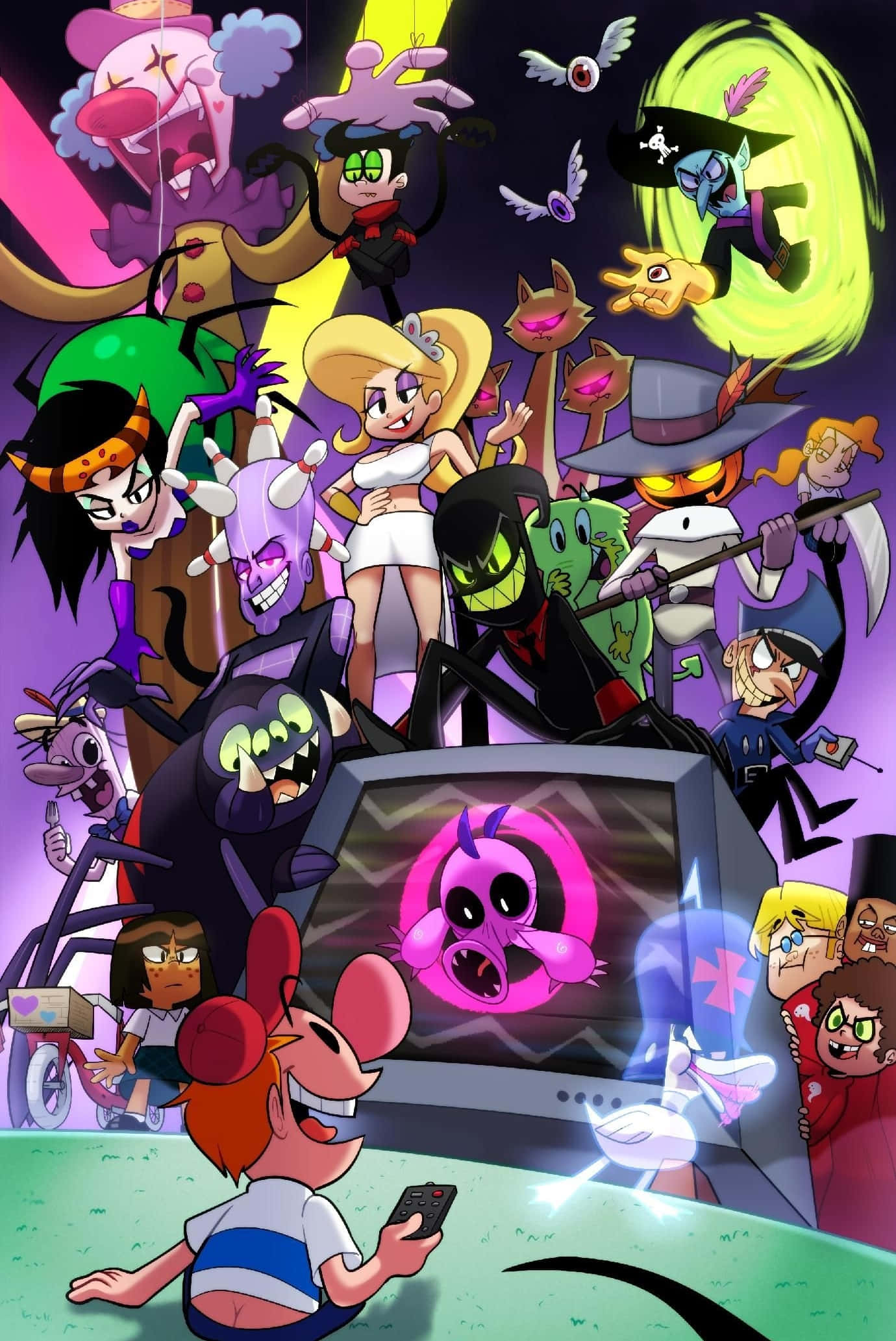 the grim adventures of billy and mandy 桌布 壁紙 — 一個混亂的卡通場景，一個孩子看著一部電視，電視發射出一個粉紅色的鬼魂，同時被漂浮的動畫反派和怪物包圍。