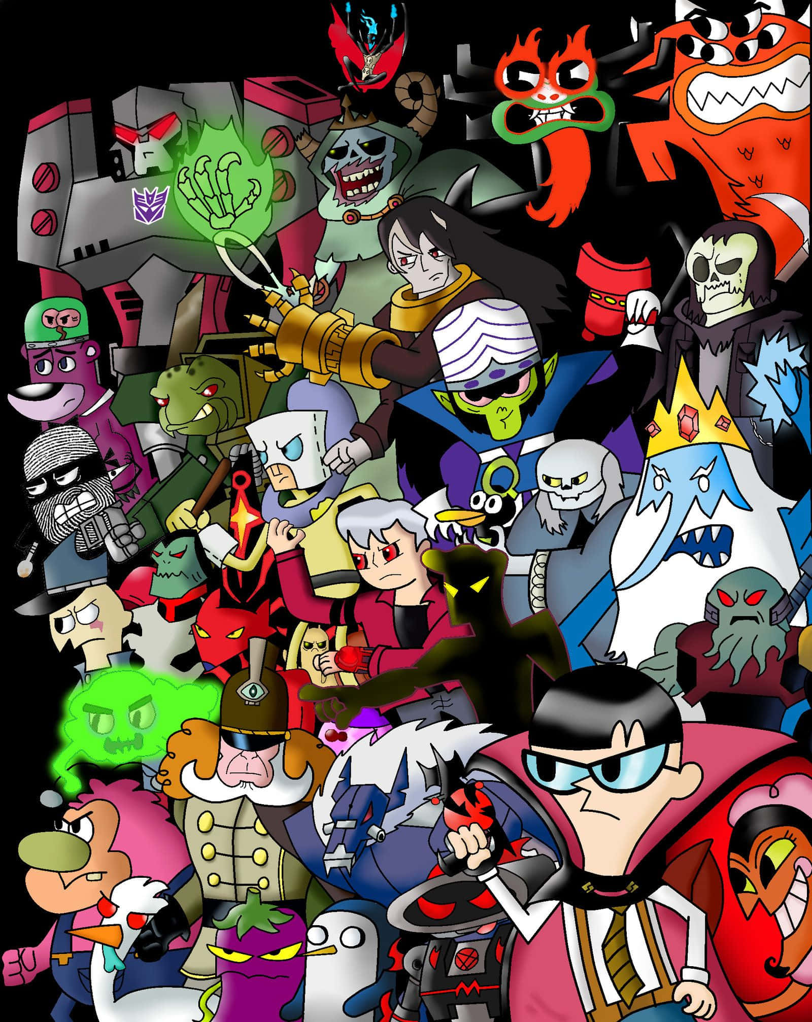 Cartoon Villains 桌布 壁紙 — 一個混亂的拼貼畫，包含動畫反派和怪物，表情誇張，色彩鮮豔，背景為黑色。