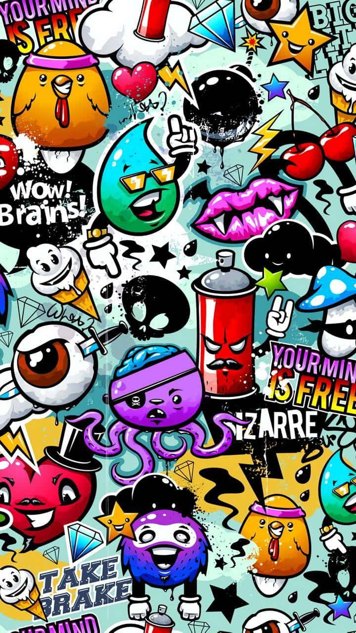 Cartoon Art 桌布 壁紙 — 一個混亂的拼貼畫，包含色彩繽紛的卡通角色和符號，如噴漆罐、心形和星星，背景為青綠色。