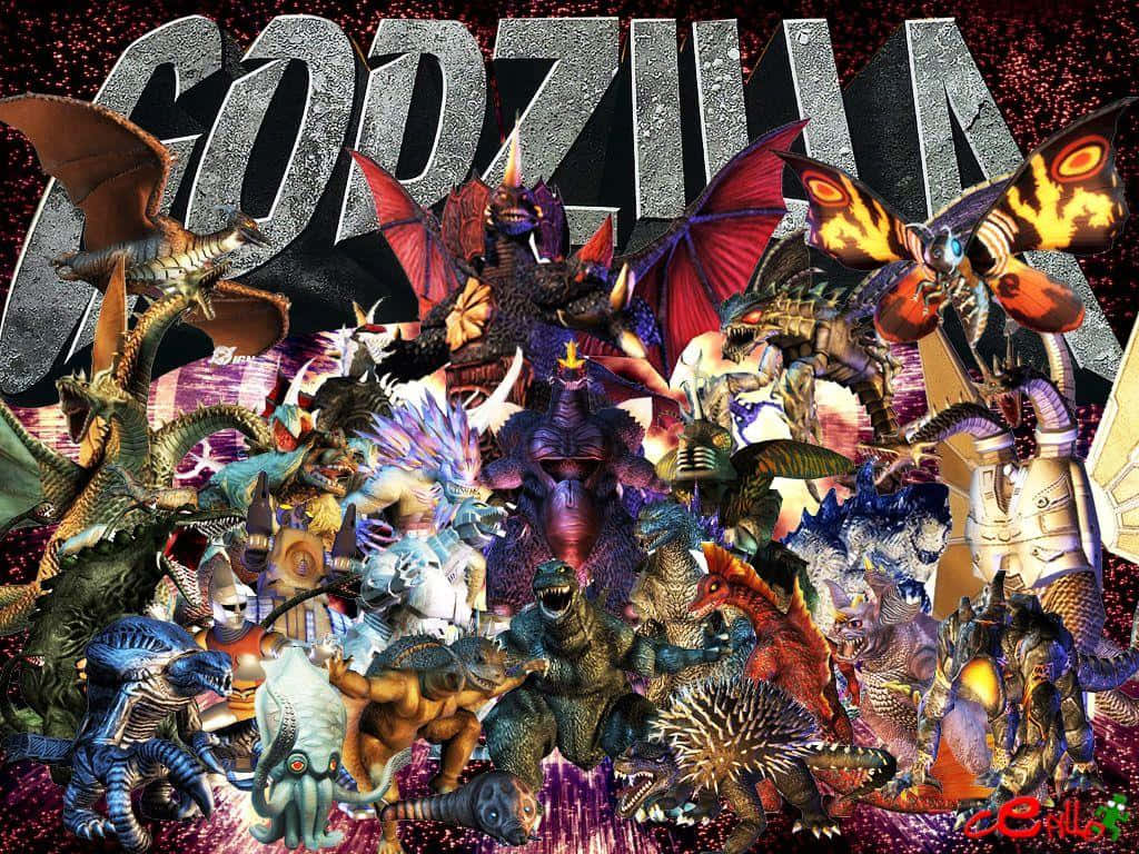 Burning Godzilla 桌布 壁紙 — 一個混亂的拼貼畫，哥斯拉和怪獸從閃爍的宇宙背景中爆發出來，下方是一個巨大的金屬GODZILLA標誌。