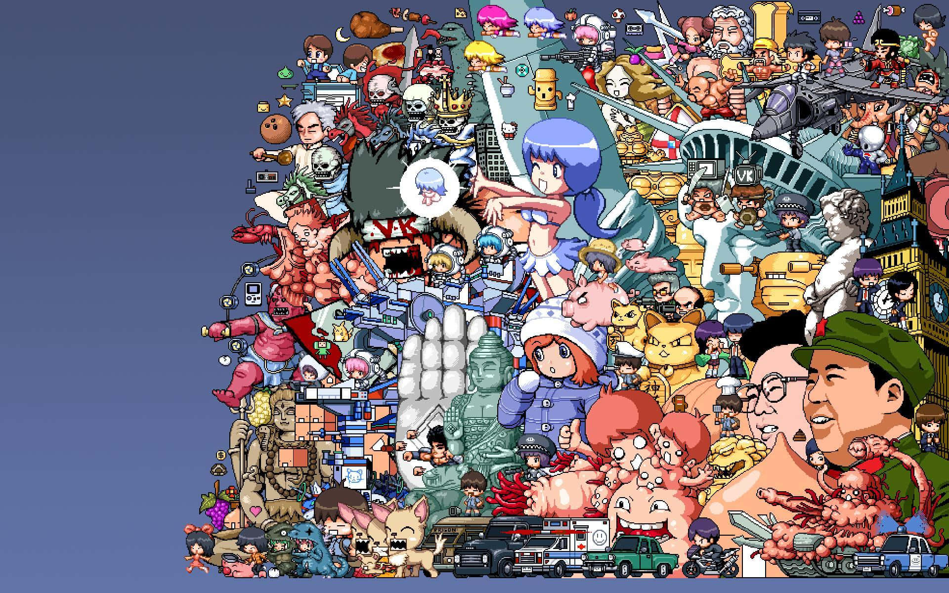 Anime Collage 桌布 壁紙 — 一個混亂的數碼拼貼，包含動漫角色、車輛和流行文化圖標，堆疊在漸變藍色背景上。
