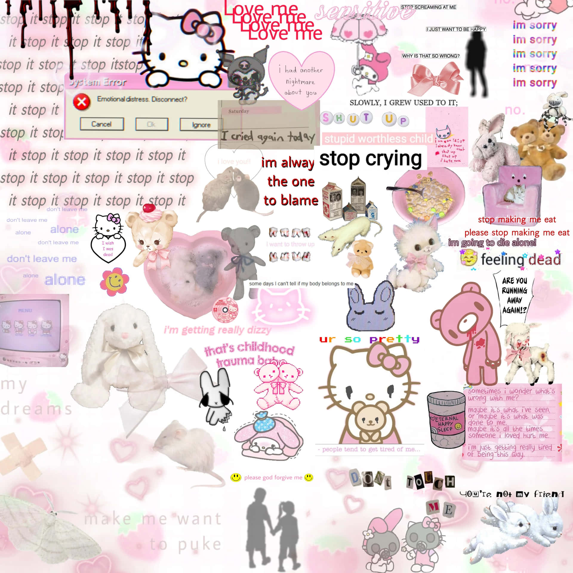 粉紅色拼貼畫，包含Hello Kitty、泰迪熊以及關於情感困擾和孤獨的文字。 — 夢核 GIF 壁紙