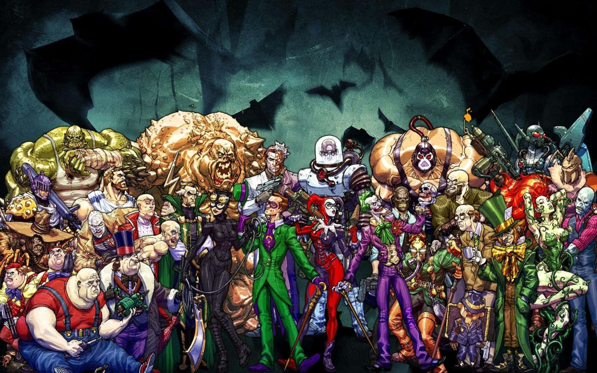 Iron Man Villains 桌布 壁紙 — 一個混亂的組合，包含怪誕邪惡的漫畫角色，在黑暗哥德式場景中，蝙蝠在頭頂飛翔。