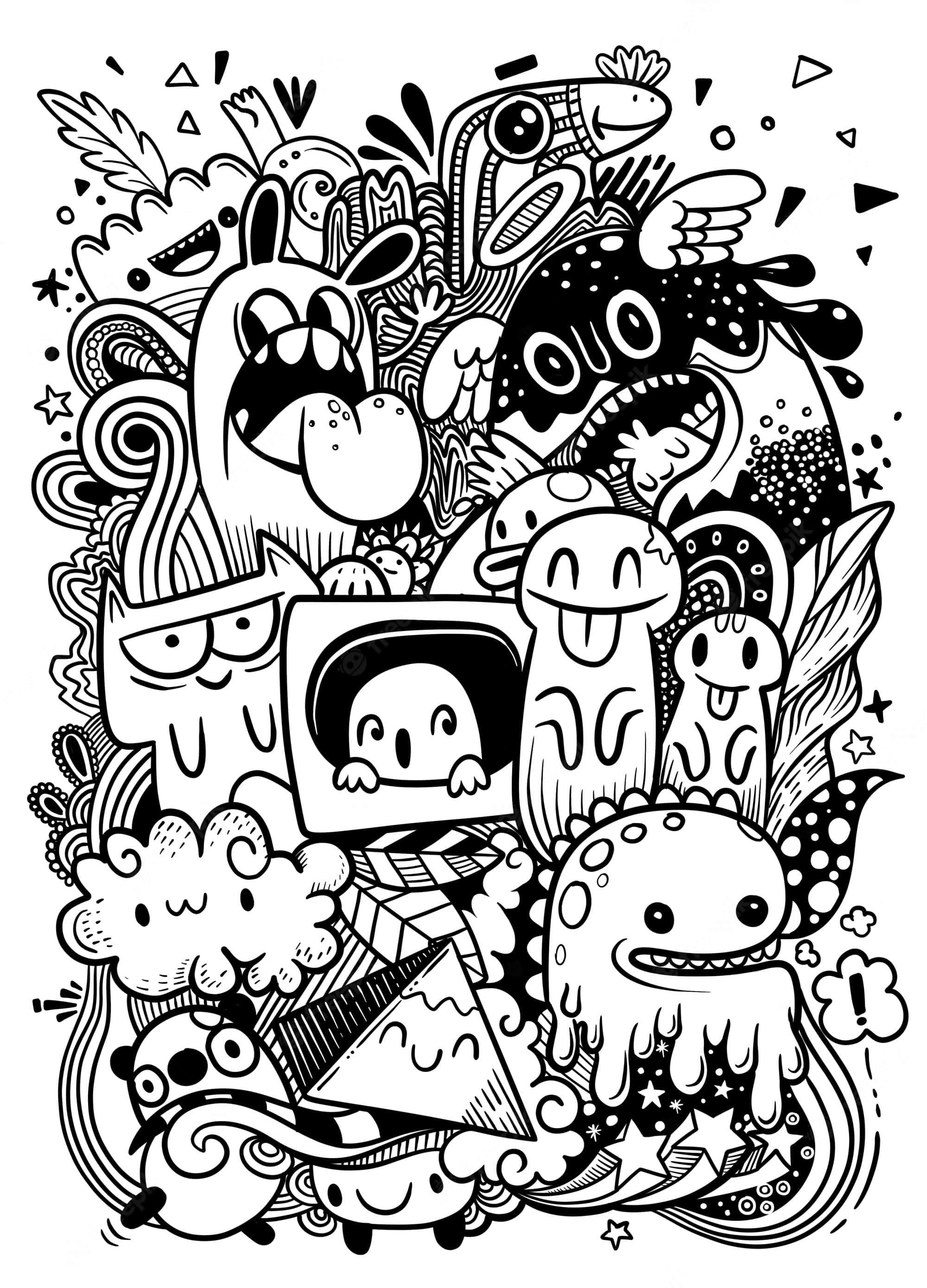 Black And White Drawing 桌布 壁紙 — 一個混亂的黑白塗鴉拼貼畫，充滿了異想天開的卡通怪物和抽象形狀，呈現出嬉戲的狂熱。