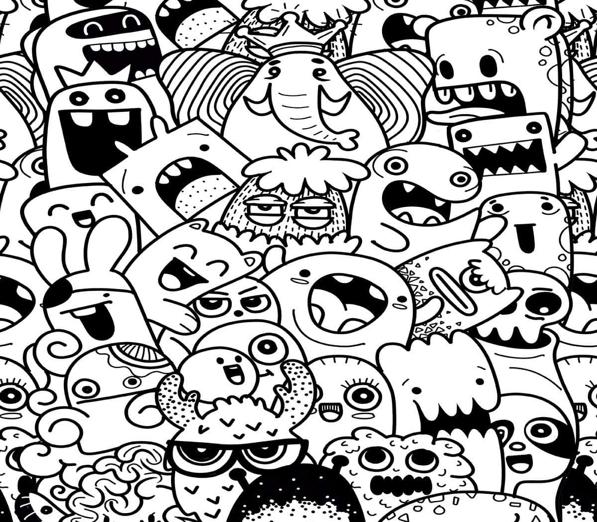 塗鴉 桌布 壁紙 — 一個混亂的黑白塗鴉拼貼畫，描繪了帶有誇張表情和圖案的卡通怪物。