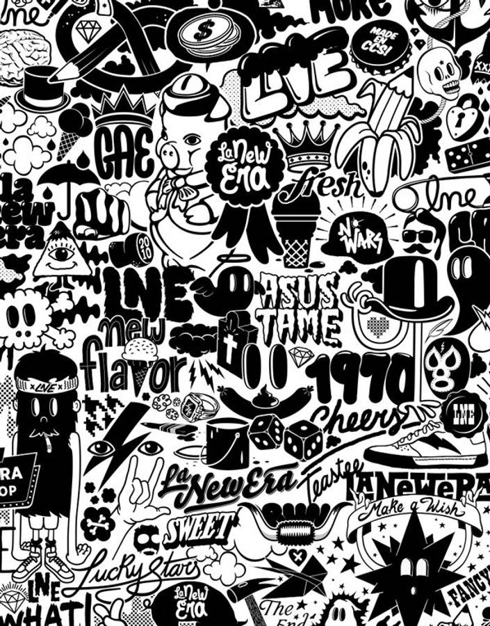 Black And White Graffiti 桌布 壁紙 — 一個混亂的黑白拼貼畫，包含復古街頭藝術貼紙，特色是運動鞋、骷髏頭、皇冠和粗體字體。