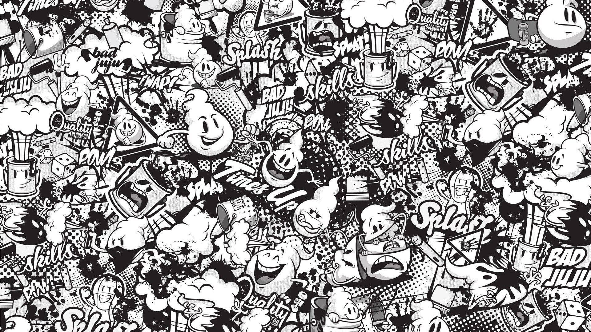 Black And White Graffiti 桌布 壁紙 — 一個混亂的黑白漫畫風格壁紙，充滿卡通人物、音效和普普藝術元素。