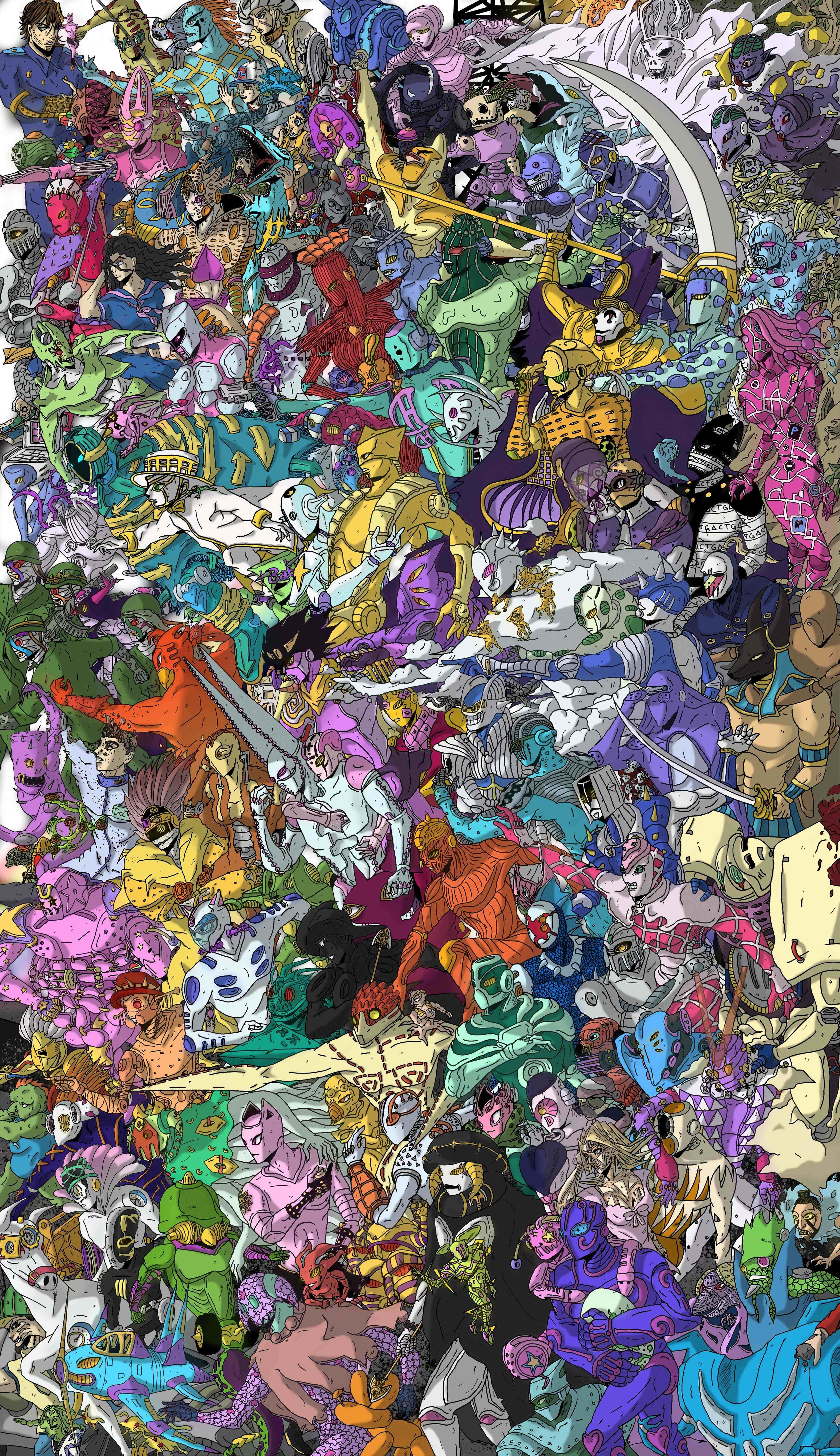 Jojo Stands 桌布 壁紙 — 一個混亂而充滿活力的動漫角色拼貼畫，展現動態姿勢和鮮豔色彩。