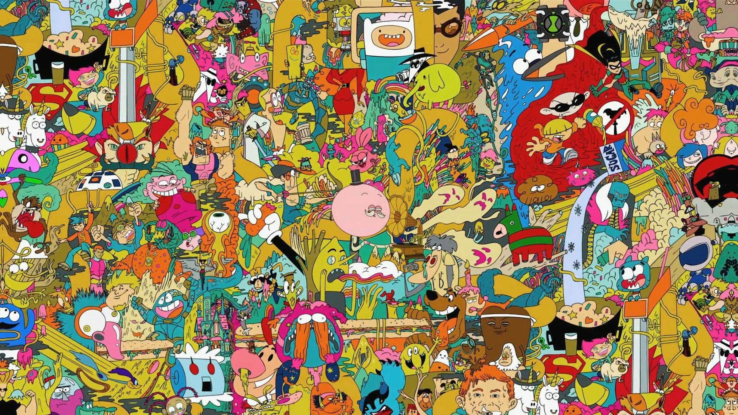 Cartoon Characters 桌布 壁紙 — 一個混亂而充滿活力的拼貼畫，由來自各種動畫節目的卡通人物密集地聚集在一起，形成迷幻的色彩爆炸。