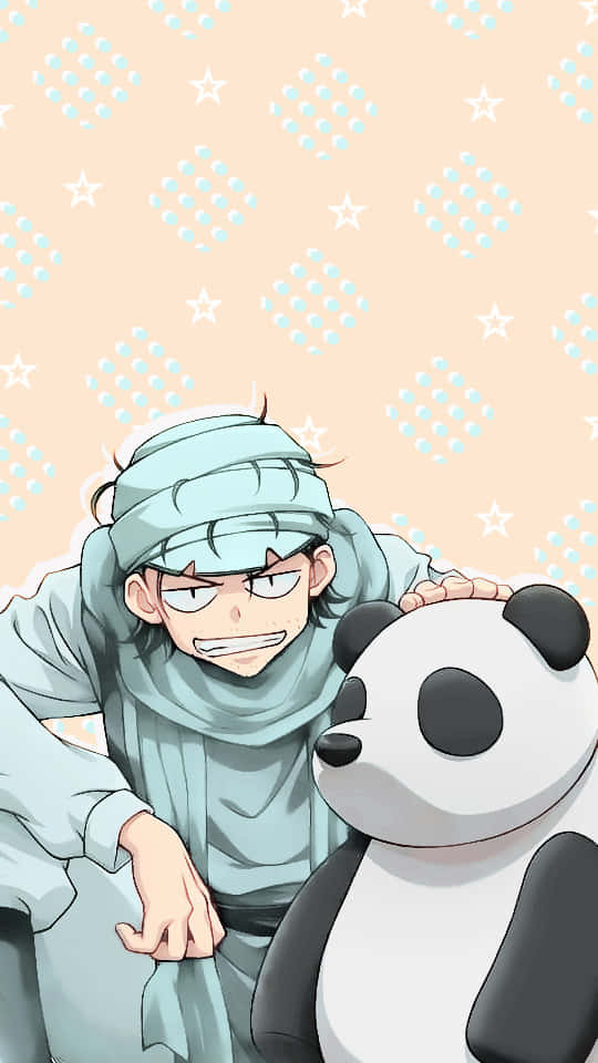 Ging Freecss 桌布 壁紙 — 一個淺藍色動漫角色在頭部纏繞圍巾，靠在一隻巨型熊貓毛絨玩具旁邊，背景是帶有星星和圓點圖案的粉彩蜜桃色。