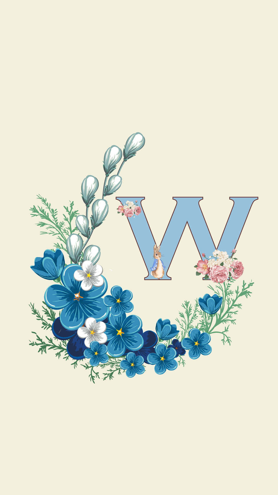 Floral Wreath 桌布 壁紙 — 一個淺藍色字母W，飾以藍色和粉紅色花朵及綠葉組成的花環，背景為奶油色。