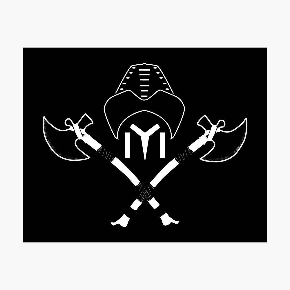 Logo 桌布 壁紙 — 一個清晰的白線藝術標誌，描繪一位戴兜帽的戰士，手持交叉的斧頭，背景為黑色。