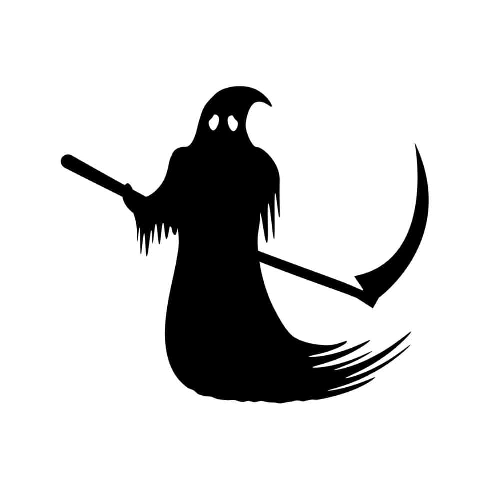 死神 桌布 壁紙 — 一個清晰的黑影，描繪死神手持彎曲鐮刀，身穿連帽長袍，背景為白色。