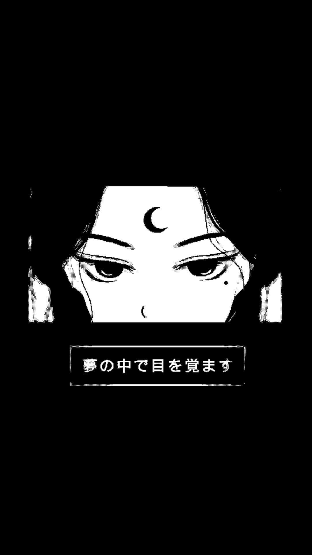 黑白動漫 桌布 壁紙 — 一個清晰的黑白動漫風格特寫，展示一個人的眼睛，額頭上有新月標記，被黑暗包圍，下方有日文字。