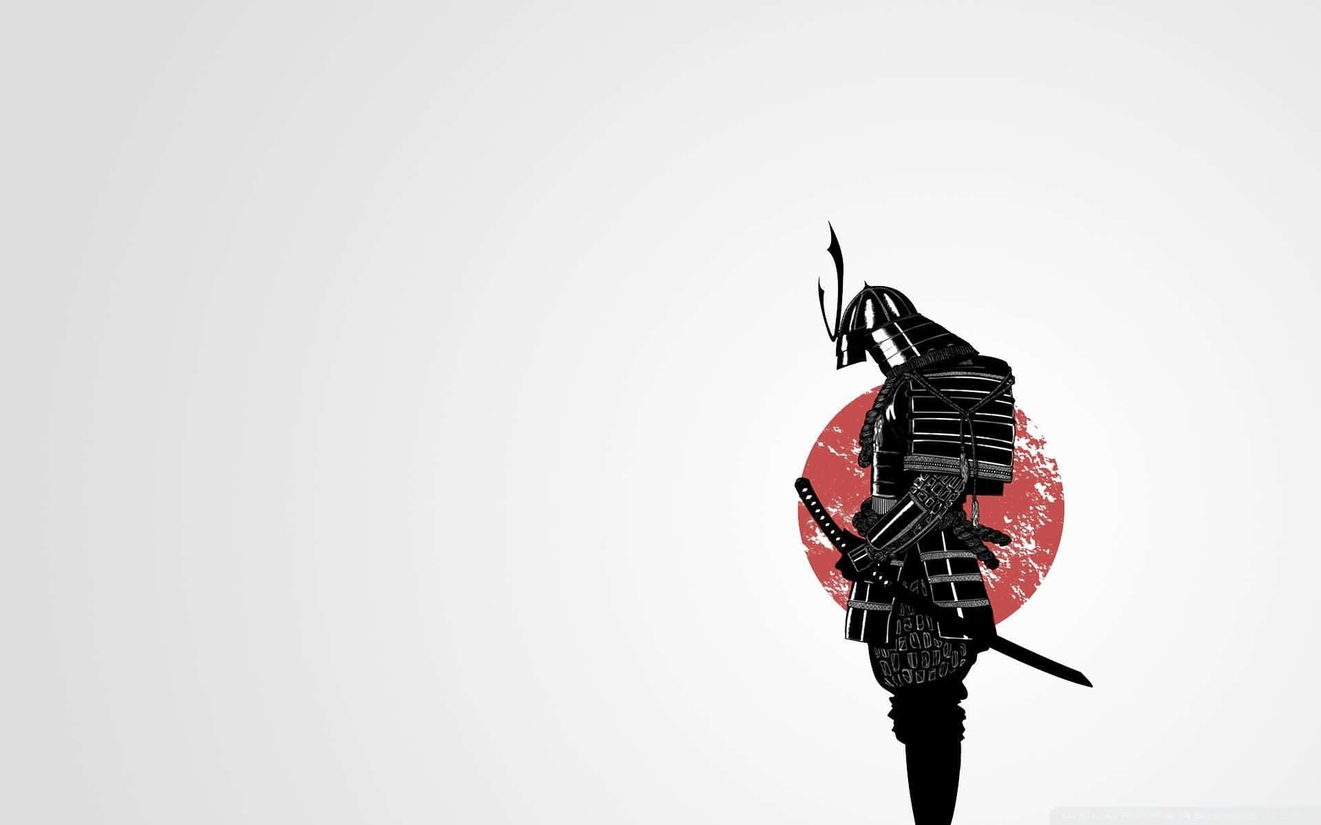 武士 桌布 壁紙 — 一個清晰的黑色武士剪影，在淺灰色背景上，以一個有紋理的紅色圓形為背景，擺出準備姿勢。