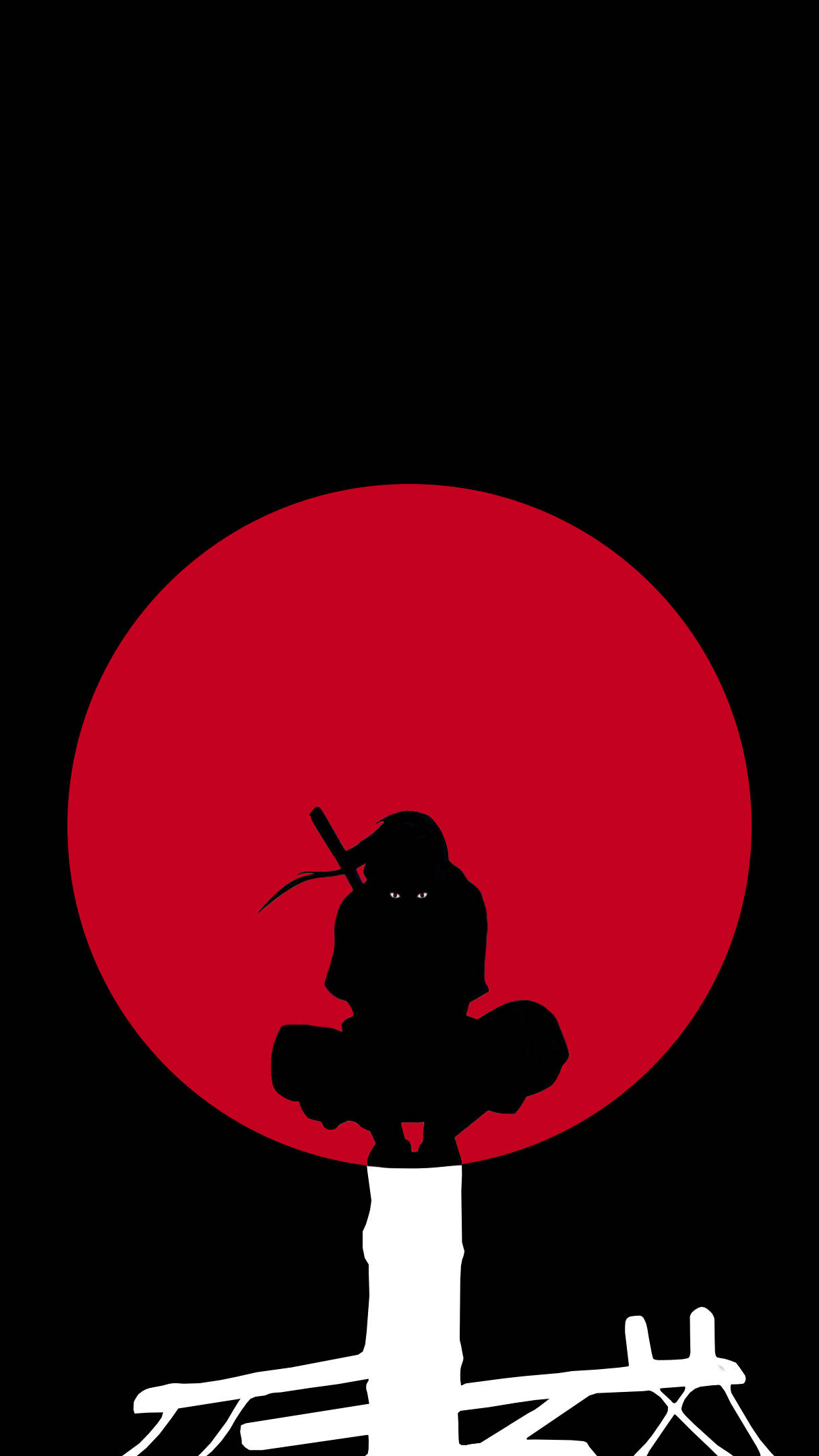 Itachi 桌布 壁紙 — 一個清晰的黑色武士剪影坐在白色底座上，背景是鮮明的紅色圓形。