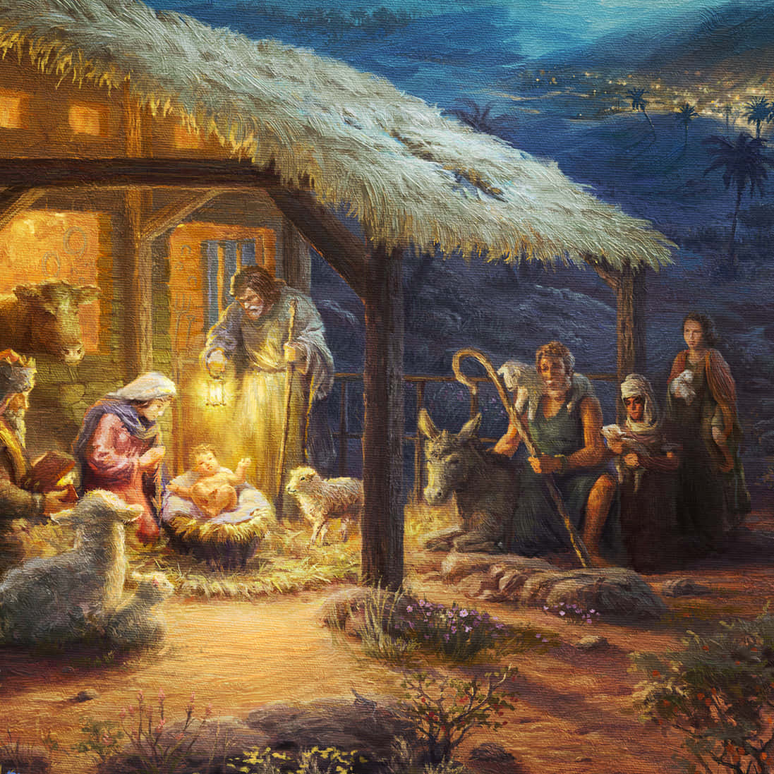 Nativity 桌布 壁紙 — 一個溫暖照明的夜晚耶穌誕生場景，瑪利亞、約瑟和牧羊人聚集在馬槽中的嬰兒耶穌周圍。