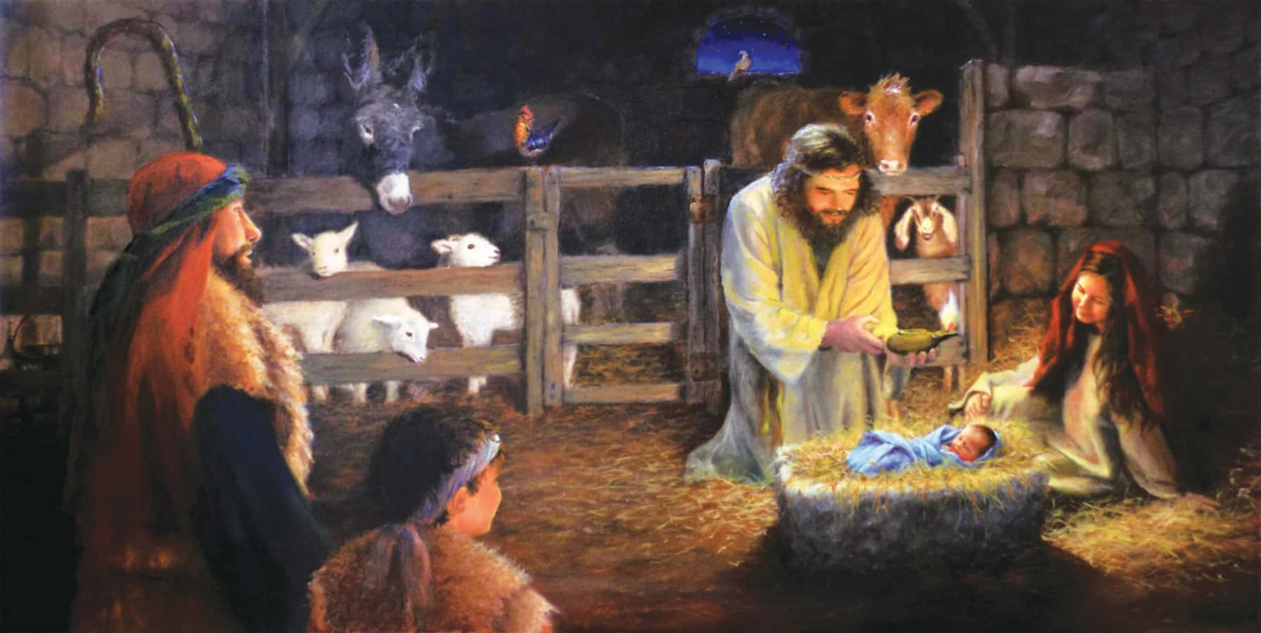 Nativity 桌布 壁紙 — 一個溫暖照明的耶穌誕生場景，描繪瑪利亞和約瑟凝視著馬槽中的嬰兒耶穌，周圍有羊和牛在簡陋的馬廄中。