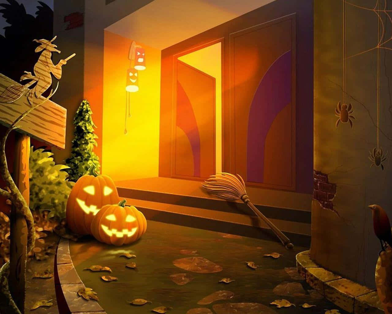 Trick Or Treat 桌布 壁紙 — 一個溫暖照明的萬聖節門廊，有發光的南瓜燈、恐怖裝飾和一把靠在門上的掃帚，在黃昏時分。