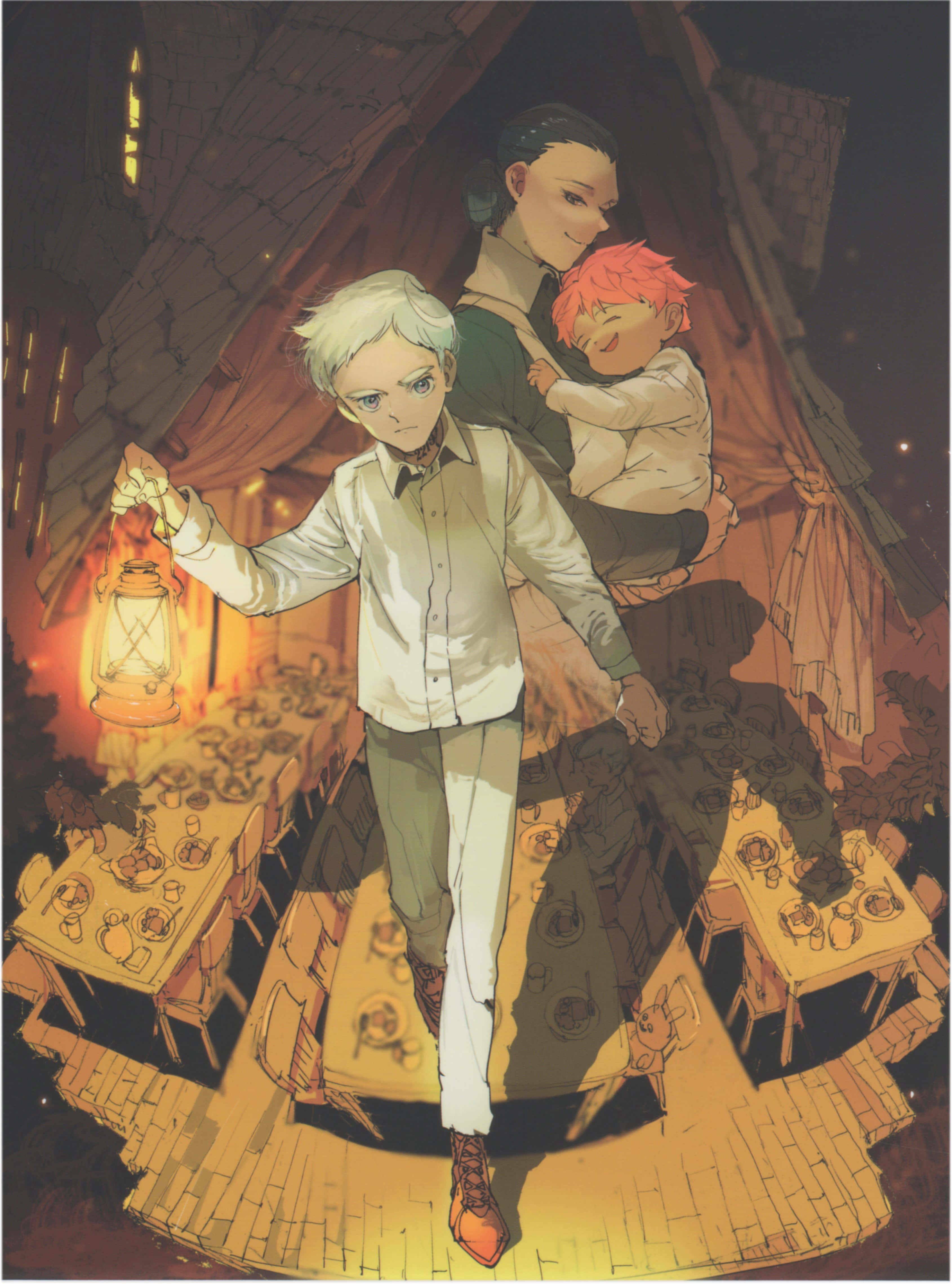 The Promised Neverland Isabella 桌布 壁紙 — 一個溫暖燈光的動畫場景，顯示一名男子提著燈籠抱著一個孩子，身後有另一名成人，在舒適質樸的飯廳中。